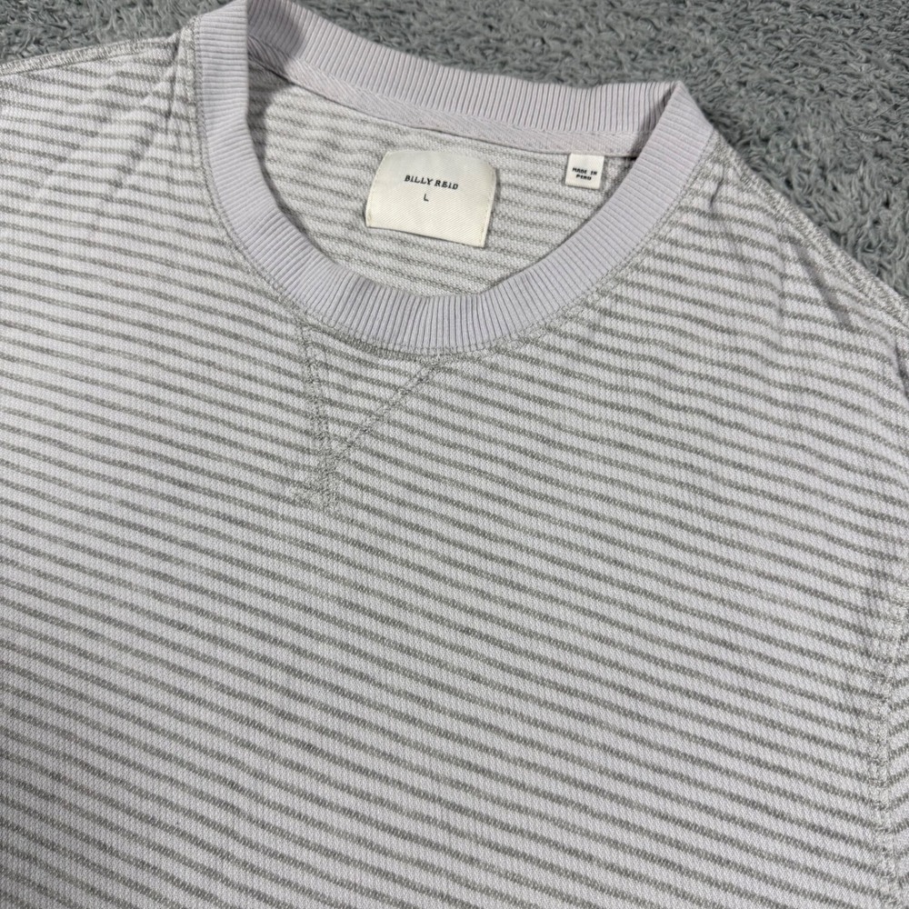 Billy Reid Crewneck Sweater Mens Large Grey White Striped Pullover Long Sleeve